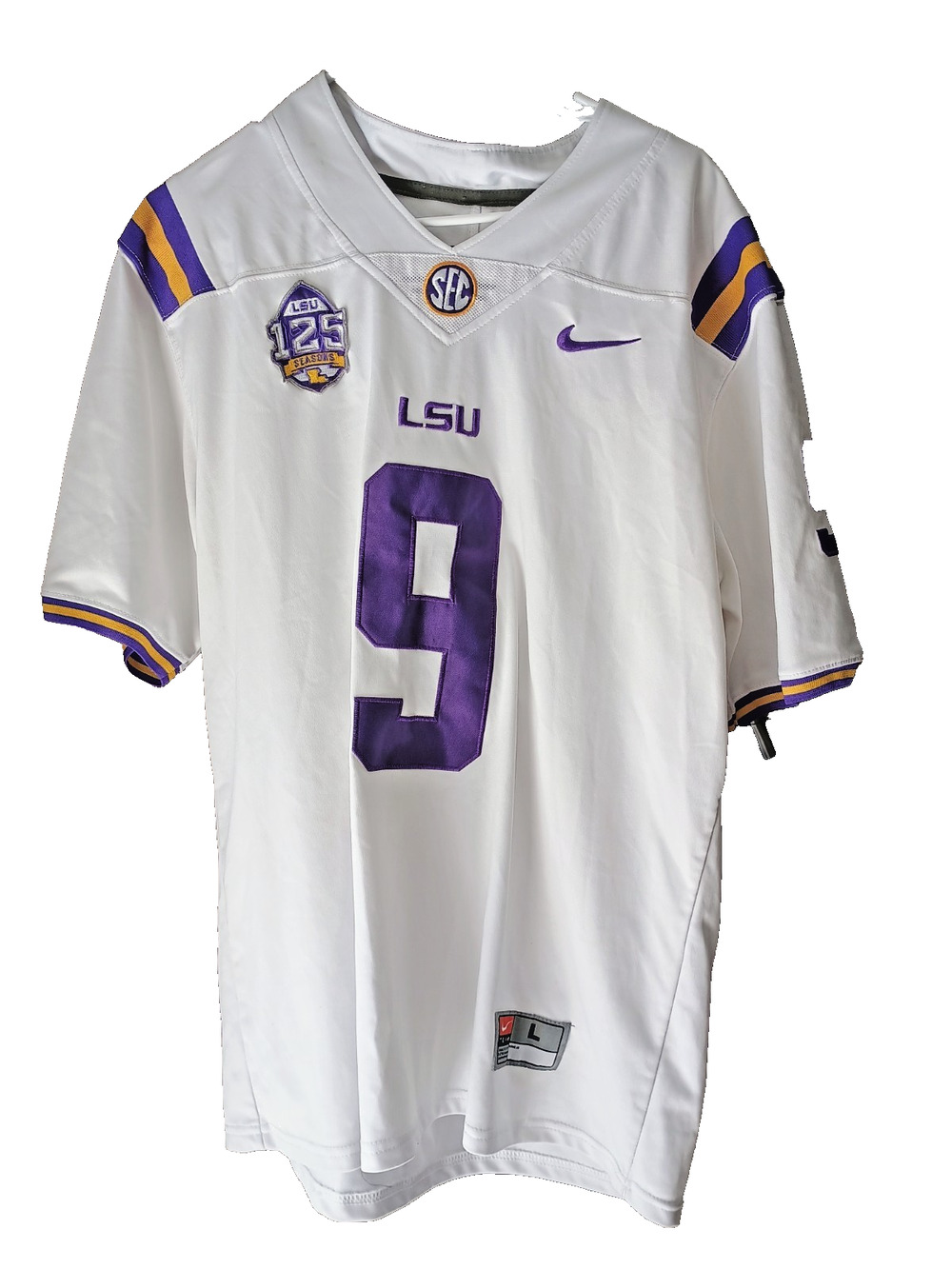 BURREAUX #9 Joe Burrow Stitched Jersey White, LSU Tigers College Sz Large L